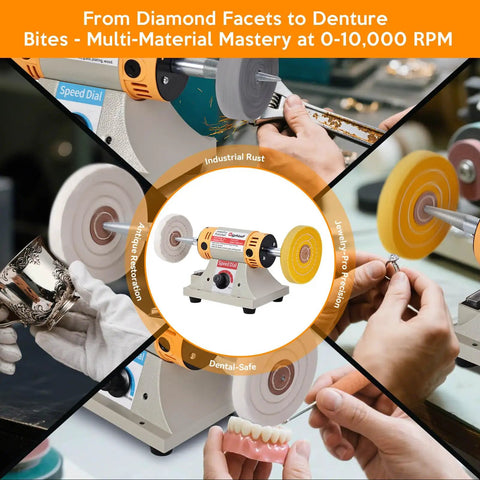 All In One Jewelry Polishing Kit For Bench Grinder in use on rings and denture at different RPM settings, with six cloth wheels.