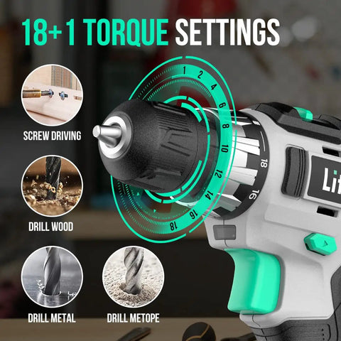Close-up of 20V Cordless Drill and Impact Driver Combo Kit with 220 InLbs Drill Torque displaying 18+1 torque settings for various materials
