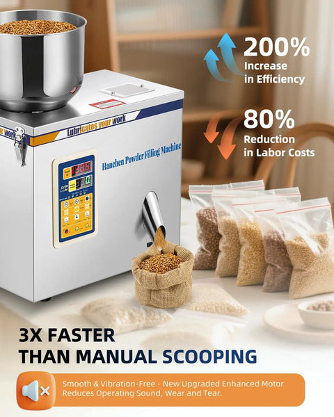 Ditch The Messy Spills With This Dead On Accurate Digital Powder Filler And Auto Granule Dispenser Featuring Plug And Play Foot Pedal Operation For Quick Setup And Fast Bulk Packaging Tasks, showcasing metal body, large hopper.