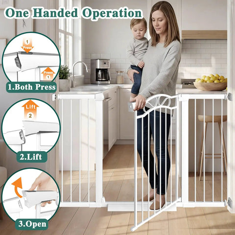 Woman using Extra Wide Press Mounted Baby Gate Indoor Walk Through No Drill For Kids And Pets Fits 29.53 To 32.28 Inches Doorway Hallway Gate Safety For The House
