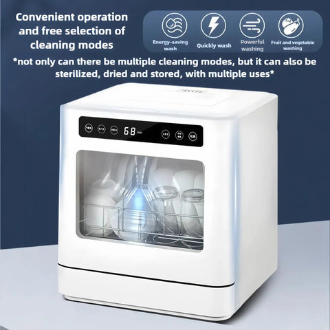 Slick Portable Tabletop Dishwasher Featuring Four Smart Wash Modes Perfect For Tiny Kitchens And Campers Runs Fully Automatic Cycles To Skip Hand Scrubbing While Preserving Precious Counter Space Daily with various dishes inside.