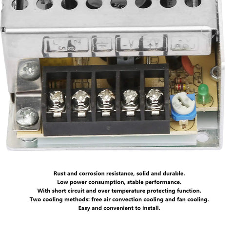 Heavy Duty 12V 2A DC Switching Power Supply Driver for Industrial Equipment and LED Home Lighting Aluminum Alloy Case, Rust Resistant, Durable Build, Reliable Performance, A Real Workhorse for Tough Environments. Close-up of terminal block