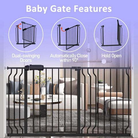Extra Wide Baby Gate With Walk Through Door And Auto Close, EZ Install, Adjustable Pressure Mount Black Metal Safe Gate
