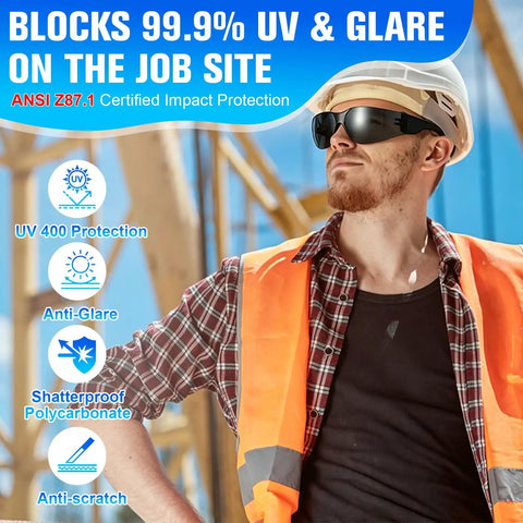 Man wearing 30 Pack Tinted Safety Glasses With Dark Lens And Uv 400 Cover For Job Sites And Backyard Builds, protected from glare.