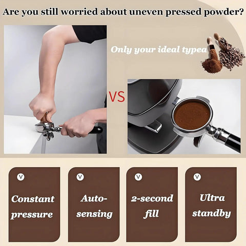 Image comparing manual tamping vs Automated Coffee Tamper 58Mm Commercial Portafilter Adjustable Pressure for even compression.