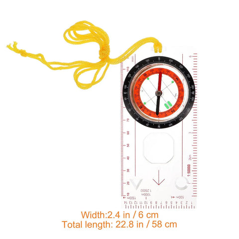 Pocket Multitool Hiking Compass And Measuring Ruler For Outdoor Navigation with yellow lanyard, compact and portable design.
