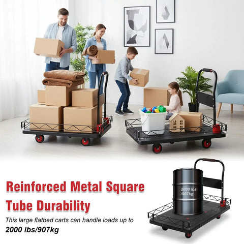 Heavy Duty Two In One Flatbed Cart With Removable Cage And Folding Platform, Hand Truck For 2000 Lb Loads, Silent TPR Wheels, Steel Wire Fence, Easy Conversion To Flatbed, Built Tough For Warehouse And Shop Transport, black steel cart with cage and 2000 lb load