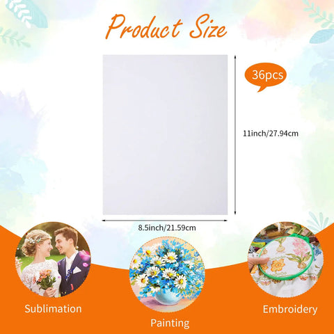 Product size diagram for 36 Pcs Sublimation Canvas Blanks 8.5 x 11 Inches Double Sided Printable Inkjet Canvas Pads For Heat Transfer