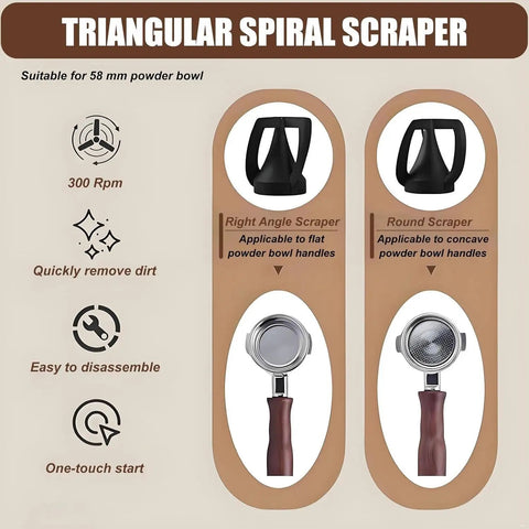 Triangular Spiral Scraper for 58 mm powder bowl with right angle and round options for quick dirt removal.