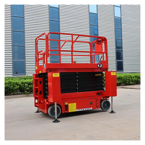 Built Like A Tank Battery Powered Vertical Mast Lift With Heavy Duty Steel And Smart Overload Guards For Smooth Walking Scissor Work At Top Shelf Heights, red exterior, equipped for outdoor use.