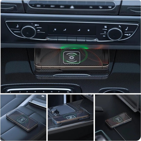 Road Ready Cable Free Wireless Charging Pad For Dodge Charger Daytona Ev 2024 2025 2026 mounted in car dashboard with phone.