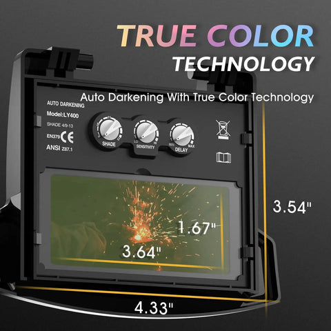 Close-up of Big Viewing Welding Helmet With True Color Auto Darkening Four Sensor System showing control panel and lens size.