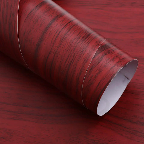 Premium Wood Grain Peel And Stick Wallpaper For Kitchens And Furniture With Self Adhesive Durable Vinyl, rolled design, red wood grain pattern.