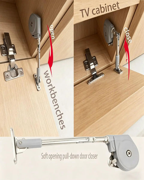 Soft Closing Cabinet Hinge With 105 Degree Pull Down Support installed on cabinet doors, smooth soft opening for cabinets and brackets.