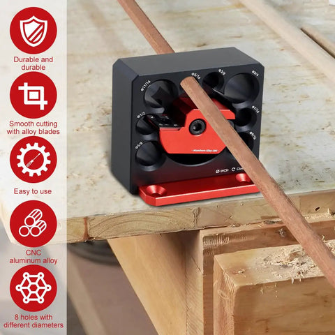 No Hassle Adjustable Dowel Maker Jig Kit With Eight Size Options From 5/16 To 3/4 Inch on a workbench for woodworking projects.