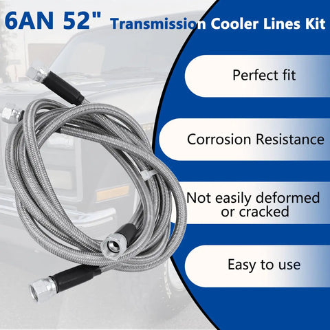 6AN 52 Inch Transmission Cooler Hose Line Kit with stainless steel braided PTFE lines in front of a car, highlighting features.