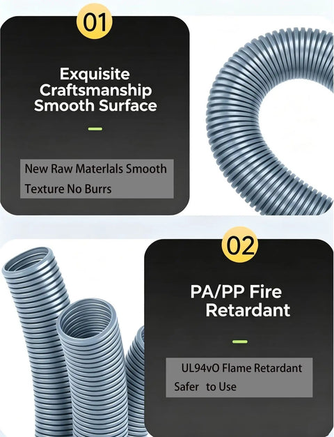 Heavy Duty Flame Resistant Corrugated Cable Conduit Featuring Flexible Wire Cover Sleeves In Slick Gray for safe wiring setups.
