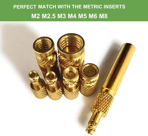 Heat Set Insert Tip Set for Soldering Irons M2 to M8 No Fuss Quick Change Heads, brass tips in various sizes with textured surface