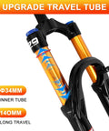 Close-up of gold Air Suspension Front Fork For MTB 26 27.5 29 Inch With Upgraded 34mm Stanchions, 140mm Travel, Rebound Adjust