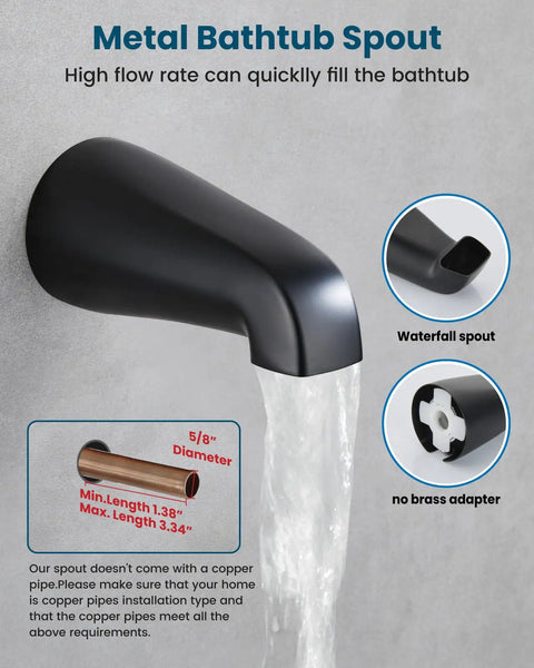 Slick Three Handle Tub Shower Faucet Set With Six Mode Handheld Sprayer And Matte Black Finish metal bathtub spout with waterfall design.