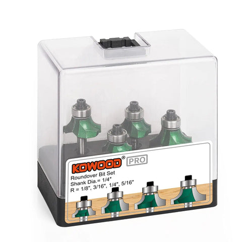 Pro Roundover Router Bit Set Four Piece With One Quarter Inch Shank Radii One Eighth, Three Sixteenths, One Quarter, Five Sixteenths C3 Carbide