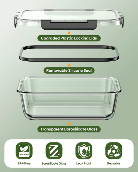 Exploded view of 40 Piece Borosilicate Glass Food Storage Set With Lids, Leak Proof And BPA Free, Reusable Containers For Meal Prep And Kitchen Organization.