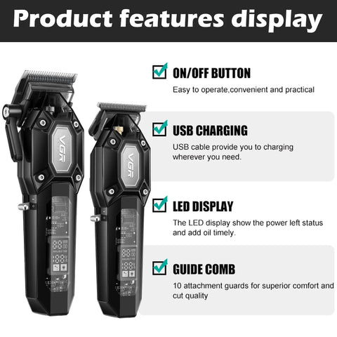 Cordless Hair Clippers And Trimmer Set For Men With USB Rechargeable Power 10 Guide Combs LED Display Pro Grade Barber Kit For Home And Barbershop Quiet Fast Clipping Family Friendly Haircut Machine with LED display and USB charging