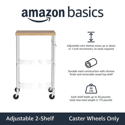 Easy Roll Kitchen Cart With Smooth Glide Caster Wheels And Custom Fit Wooden Top Plus Dual Chrome Shelves For Microwaves Or Mini Coolers Heavy Duty Mobile Storage Organizer Rack with adjustable shelves and wood top.