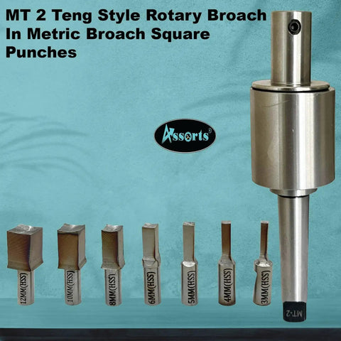 MT2 Teng Style Rotary Broach Set With 7 Metric Square HSS Punches 3-12mm For Lathe Milling And CNC Machines Pro Grade Internal Square Broaching Tool With High Speed Steel Cutters shown