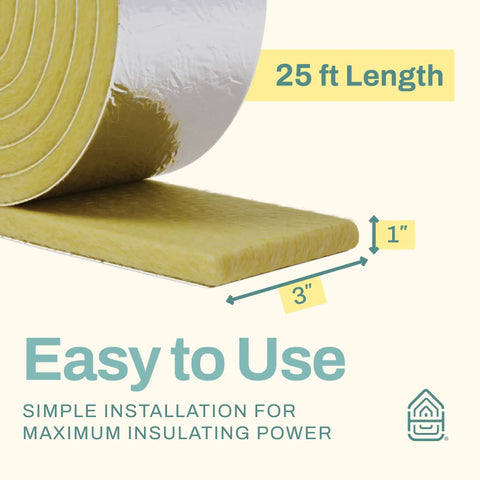 Foil-Back Fiberglass Pipe Insulation Wrap Kit, 25 Foot Roll, 3 Inch Wide By 1 Inch Thick, close-up showing dimensions and foil layer
