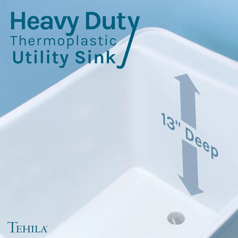 Space Saving Utility Sink With Pull-Out Chrome Faucet And Built-In Soap Dispenser White Narrow Thermoplastic Tub 13-Inch Depth