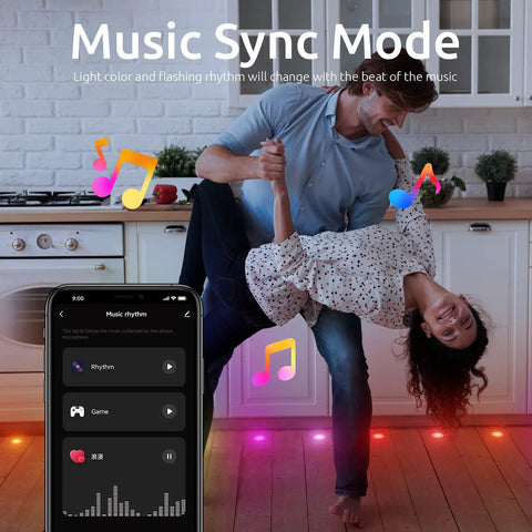 Couple dancing with music sync mode using Smart RGBW LED Deck Lights Kit 10 Pcs Recessed 1.22 Inches Low Voltage.