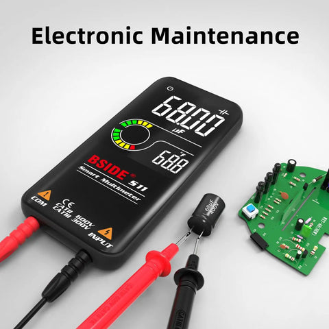 Smart Digital Multimeter 9999 Counts Pocket Voltmeter Rechargeable With Color LCD Display For AC DC Voltage Resistance Capacitance Diode Tests Duty Cycle Continuity Hz And V Alert 3 Results Display showing circuit board and probes