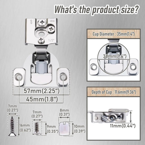 Lay Off The Slamming Routine With These Smooth As Butter Soft Close Cabinet Hinges For Face Frame Kitchen Doors And Drawers Featuring Built In Dampers And Precise Three Way Adjustments In A 10 Piece Pack; size details of hinge with measurements.