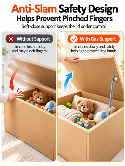 Top Tier Toy Box Hinges 2 Pack With 150N Soft Close Gas Struts For Heavy Lids showing anti-slam safety design for toy storage.