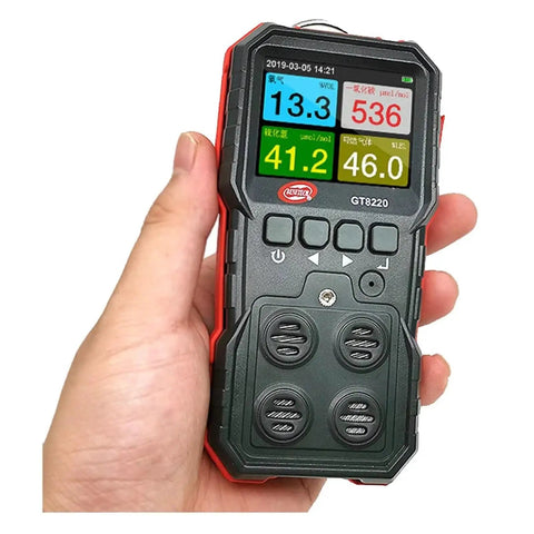 Hand holding Portable 4 In 1 Gas Detector for O2 H2S CO and Combustible Gas Content with Easy Readouts, battery-powered