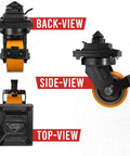Back, side, and top views of Four Pack 8 Inch ISO Shipping Container Caster Wheels With Brakes 11000 Lbs WLL Per Wheel Swivel Plate