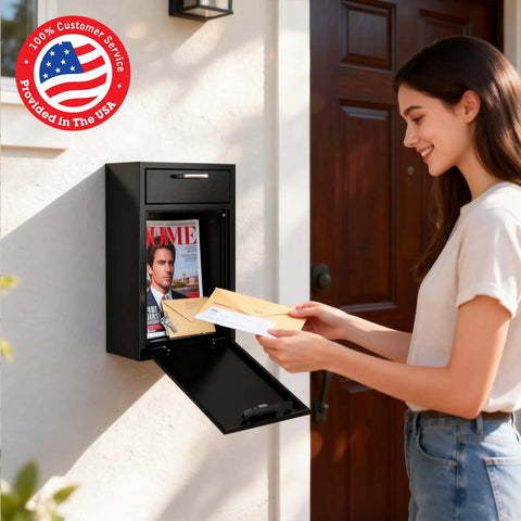 Person using Heavy Duty Wall Mount Lock Box Deposit Safe With Code Lock For Businesses, steel construction, exterior view