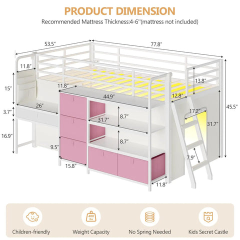 Diagram of Low Loft Bed With Desk And Six Storage Drawers For Kids Space Saving Twin Loft Bed With Bookshelf LED Lights