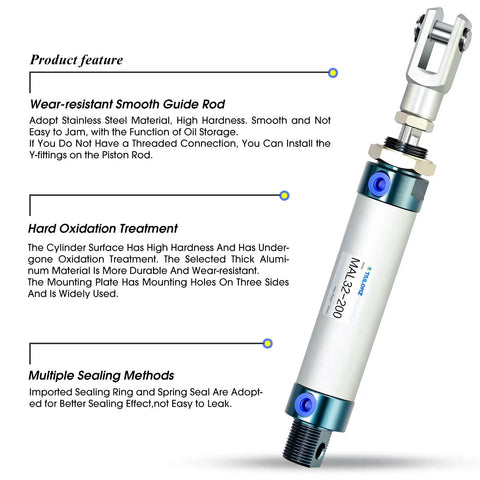 Heavy Duty Pneumatic Cylinder 32mm Bore 200mm Stroke Double Acting With Y Connector And Two 8mm Fittings Aluminum Body