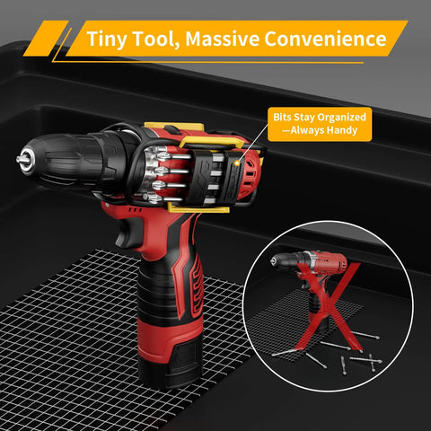 Universal Magnetic Bit Holder For Cordless Drills And Screwdrivers with eight bits clipped onto a cordless drill on a black surface.