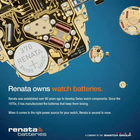 Close-up of Swiss watch battery components, including Renata 370 cell, showcasing quality and precision in design for reliable performance.