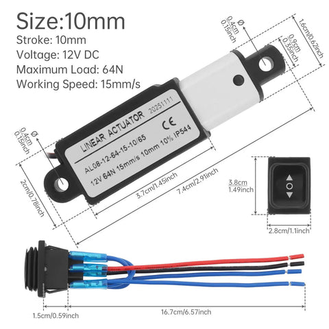 Tiny But Mighty 12V Mini Linear Actuator With 10mm Stroke, 15mm Per Sec Travel, 64N High Torque, Waterproof Switch, Mounting Bracket
