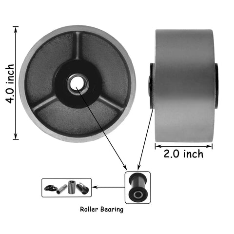 Rock Solid 4 Inch Cast Iron Caster Wheels 8 Pack Heavy Duty Industrial 5600 Lb Capacity With Precision Steel Bearings and Wide 2 Inch Treads, 4 inch wheel with 2 inch tread detail.