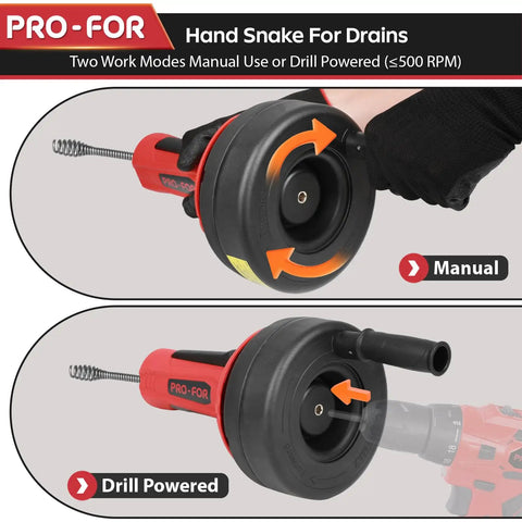 Workhorse Manual Or Drill Powered Drain Snake With Sixteen Point Four Foot Manganese Steel Cable, showing manual and drill mode options.