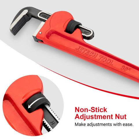 Close-up of 36 Inch Heavy Duty Pipe Wrench With Adjustable Aluminum Body And Floating Hook Jaw Rust Resistant Red I Beam Handle