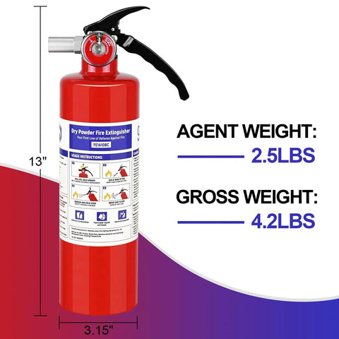 Two Pack Two Point Five Lb Abc Dry Chemical Fire Extinguishers Rated 1A 10B C For Kitchen Home Rv Boat Business showing size and weight details.