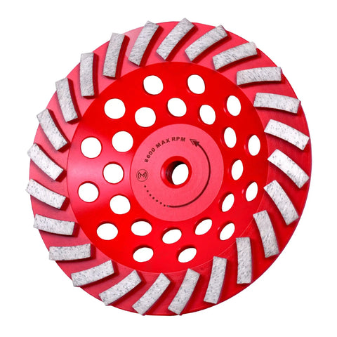 Diamond Grinding Wheel 7 Inch For Angle Grinder With 24 Segments Turbo Row Cup Wheel For Concrete Cement Masonry Medium Bond Arbor 5/8-11 178mm Diameter Pro Grade Heavy Duty Fast Smooth Grinding, red front view