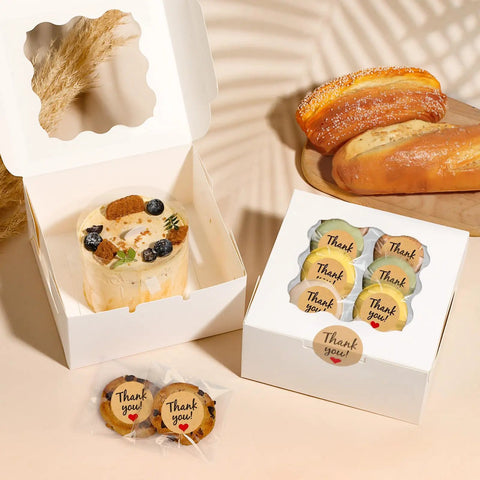 Premium White Cookie Boxes With Clear View Window And Included Thank You Labels 12 Pack Sized At 6X6X3 Inches with desserts.