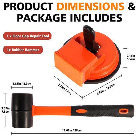 Floor Gap Repair Tool For Laminate Wood Tile And Vinyl Floors With Durable Iron Build Compact Design And Rubber Hammer Suction Cup Feature package